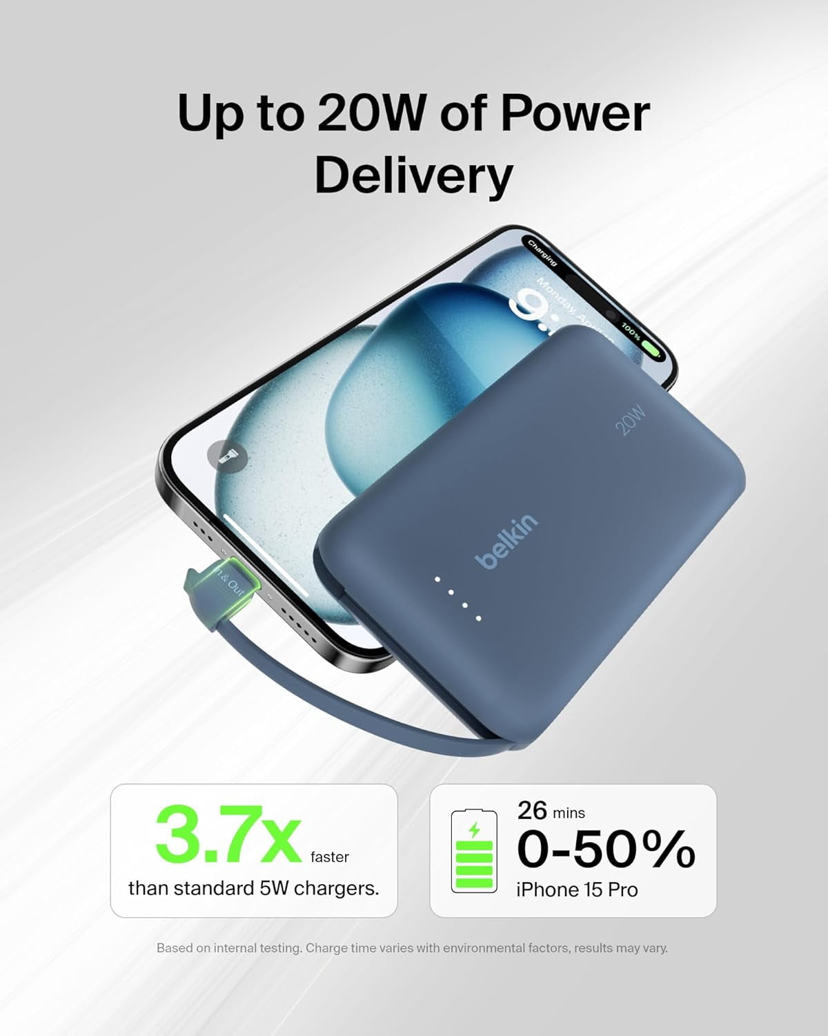 Belkin Power Bank, Portable Power Bank with Integrated Cable 10K PD 20W - Fast Charge USB-C Power Delivery, Portable iPhone Charger for iPhone 16 Series, iPad Pro, Galaxy S25, and More - Blue