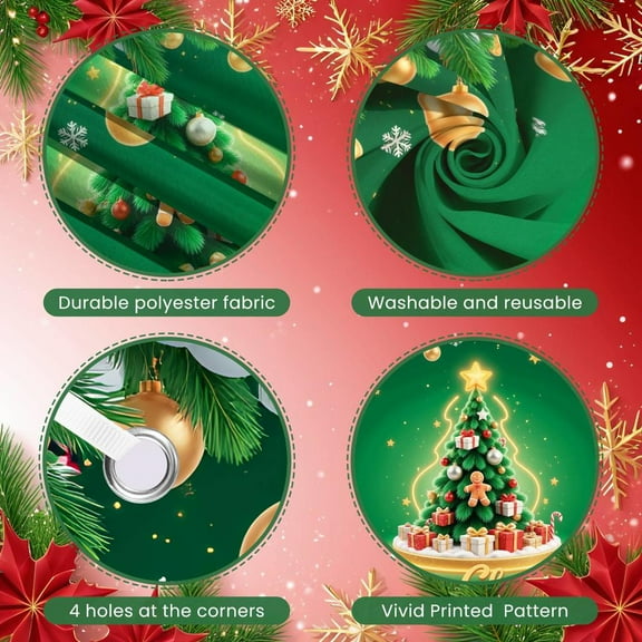 Gold Decorative Christmas Banner Christmas Tree Design Merry Christmas Banner Gift Pattern Green Background Holiday Banner for Christmas Party Family Gathering Indoor Decoration