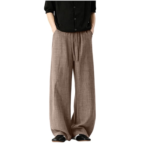 HappyYEE Plus Size Linen Trousers for Men Breathable Wide Leg Drawstring Waist Bottom Relaxed Fits Summer Casual Beach Pants with Pockets