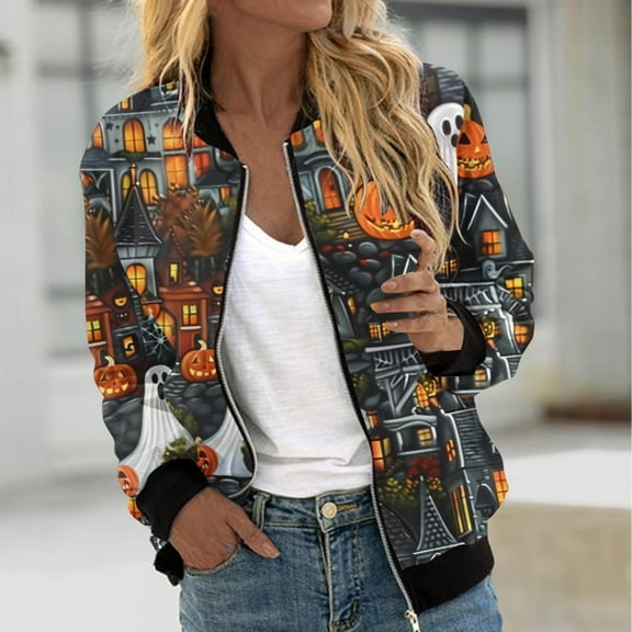 WXLWZYWL Womens Halloween Bomber Jacket Funny Spooky Ladies Coat Ghost Floral Graphic Cardigan Zip Up Long Sleeve Dressy Tops Moto Biker Windbreaker