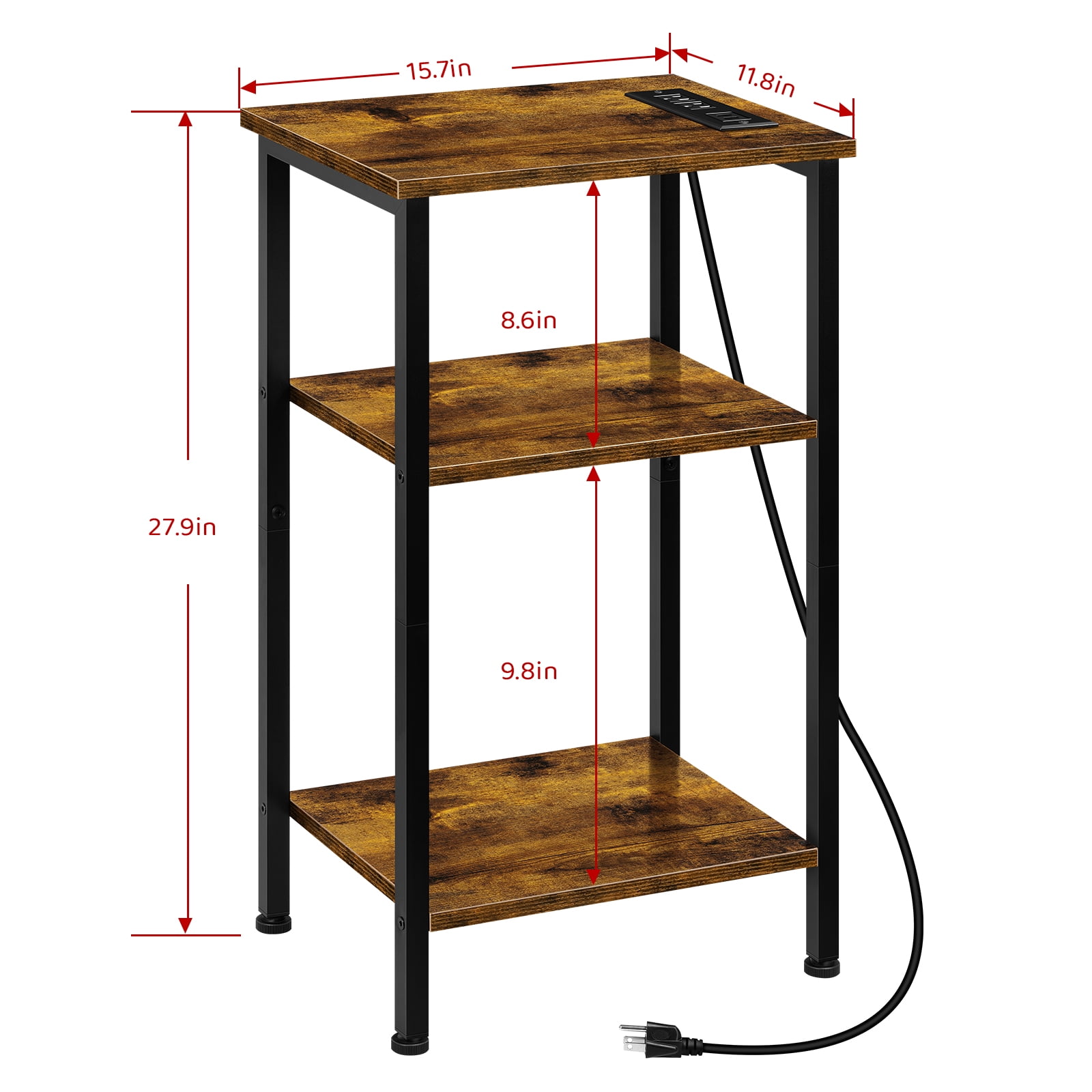 Industrial Nightstand with Charging Station, 3鈥慣ier Open Shelf End Table with 2 AC Outlets & 2 USB Ports, Single Pack