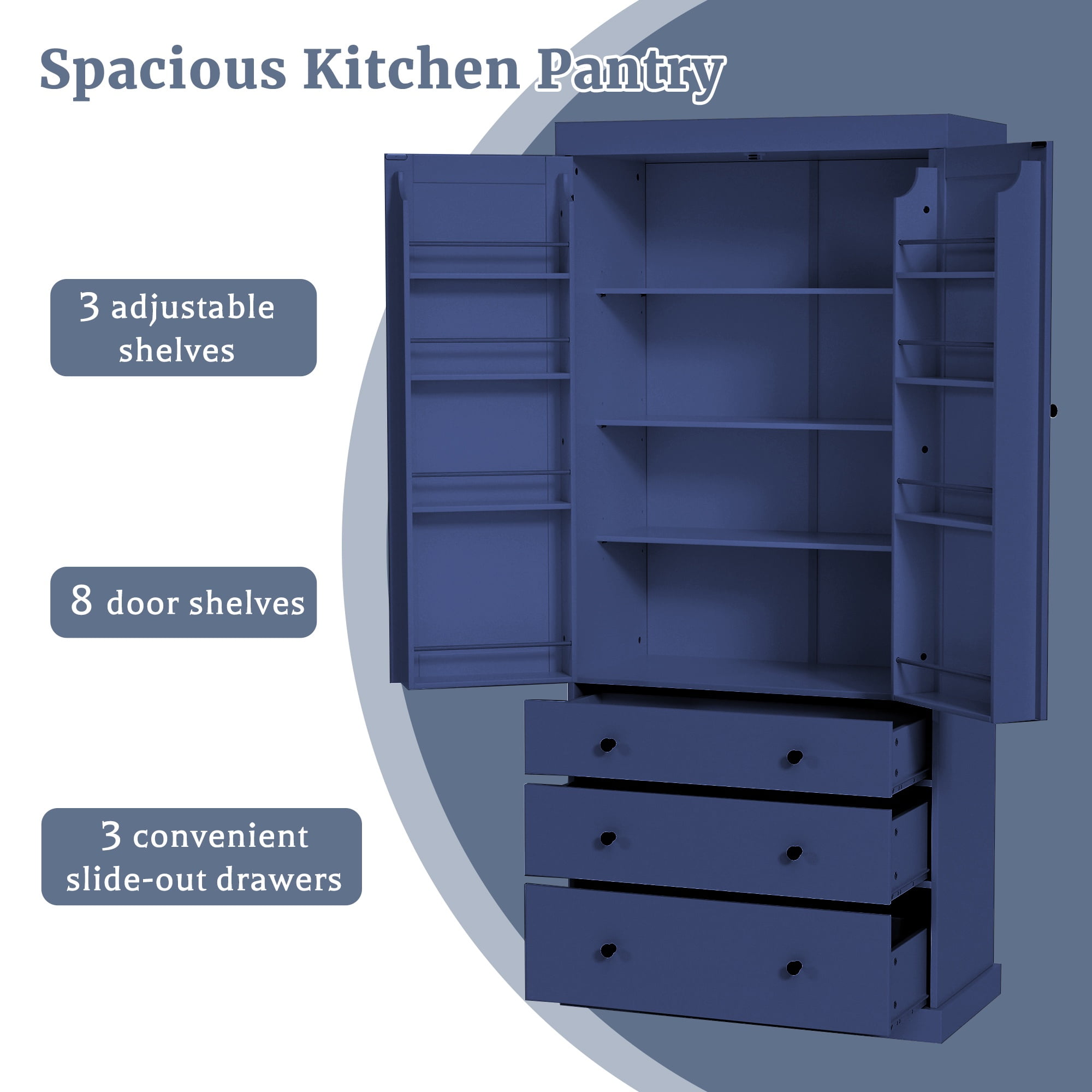 PAPROOS 77" Tall Kitchen Pantry Cabinet, Wood Pantry Storage Cabinet with 3 Drawers, 2 Doors, Farmhouse Cupboard Storage with 3 Adjustable Shelves, 8 Door Shelves for Dining Room, Craft Room, Blue