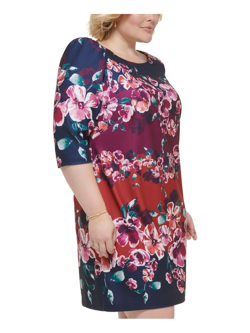 JESSICA HOWARD Womens Navy Zippered Darted Lined Floral 3/4 Sleeve Boat  Neck Above The Knee Wear To Work Fit + Flare Dress Plus 18W