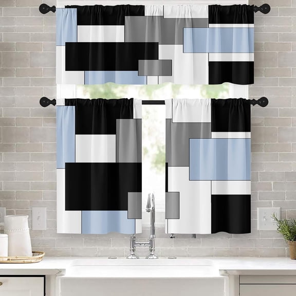 Kitchen Curtains Sets for Windows, 52x39 Inch, 3 Pack, Abstract Art | Modern Sky Blue Grey Rod Pocket Cafe Curtain Drapes for Living Room Bedroom Bathroom Kitchen Over Sink Decor
