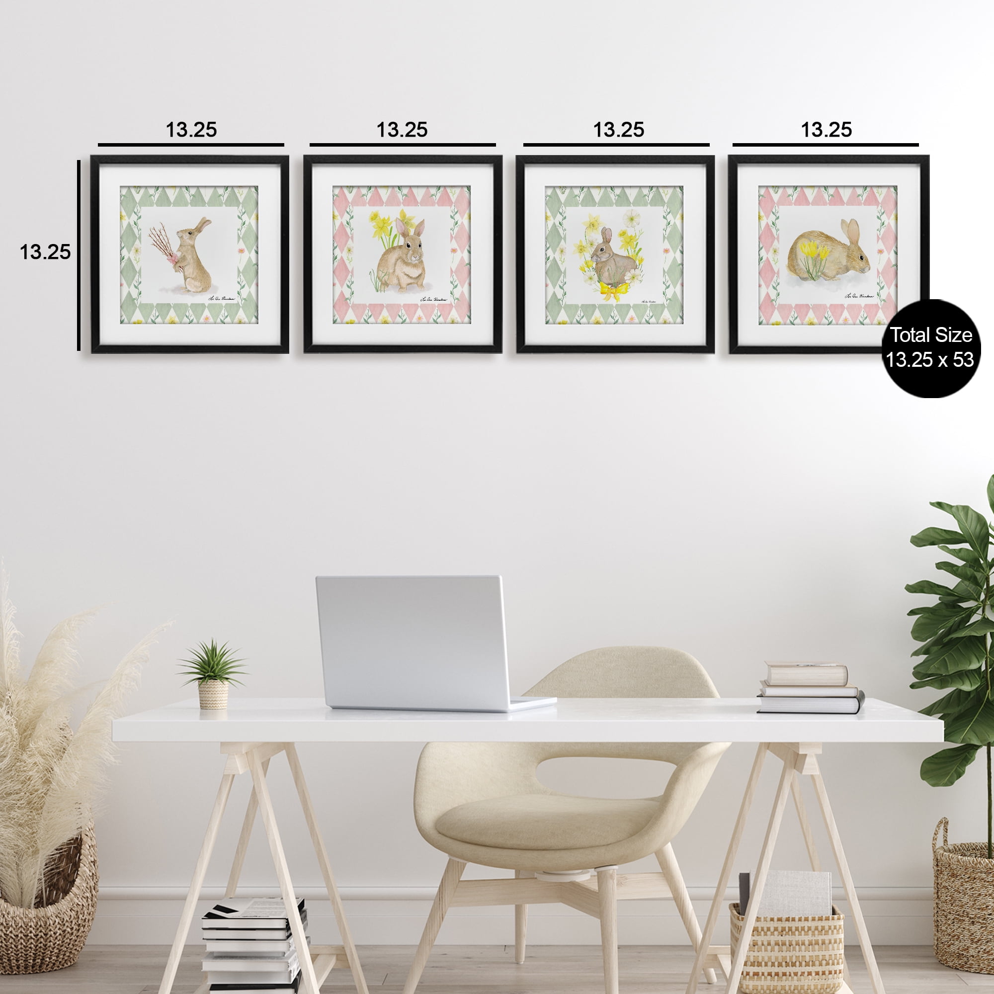 Spring Bunnies on Argyle 4 Piece Black Framed Print Under Glass Set, design by Lee Ann Sanders