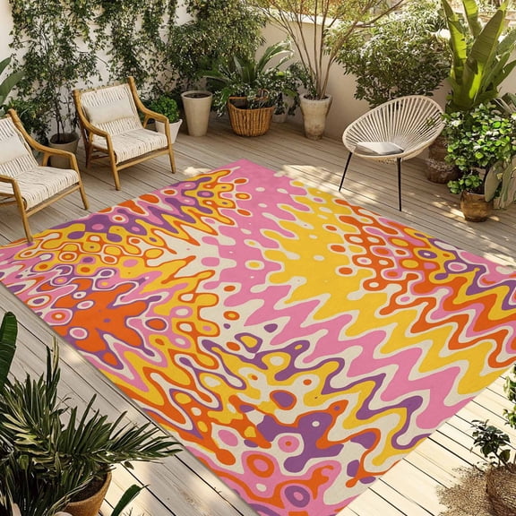 Yellow Orange Pink Outdoor Rug for Patio/Deck/Porch, Non-Slip Large Area Rug 4 x 6 Ft, Modern Funny Illusion Abstract Art Indoor Outdoor Rugs Washable Area Rugs, Reversible Camping Rug Carpet Runner