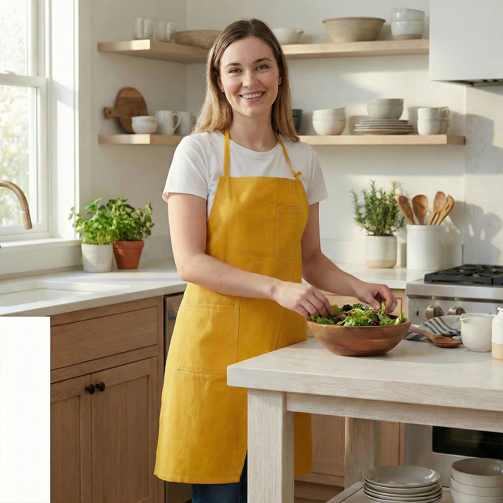 Unique Bargains Farmhouse Durable Cotton Apron with Pockets 32.4x31.9in Sunflower Yellow
