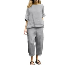 LYXSSBYX 2 Piece Outfit for Women Fall Women's Casual and Fashionable Solid Color Round Neck Five Quarter Sleeve Top Wide Leg Long Pants Set