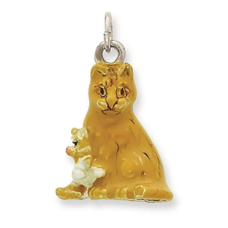 925 Sterling Silver 3-D Enamel Mom & Kitten Cat Solid Charm Pendant