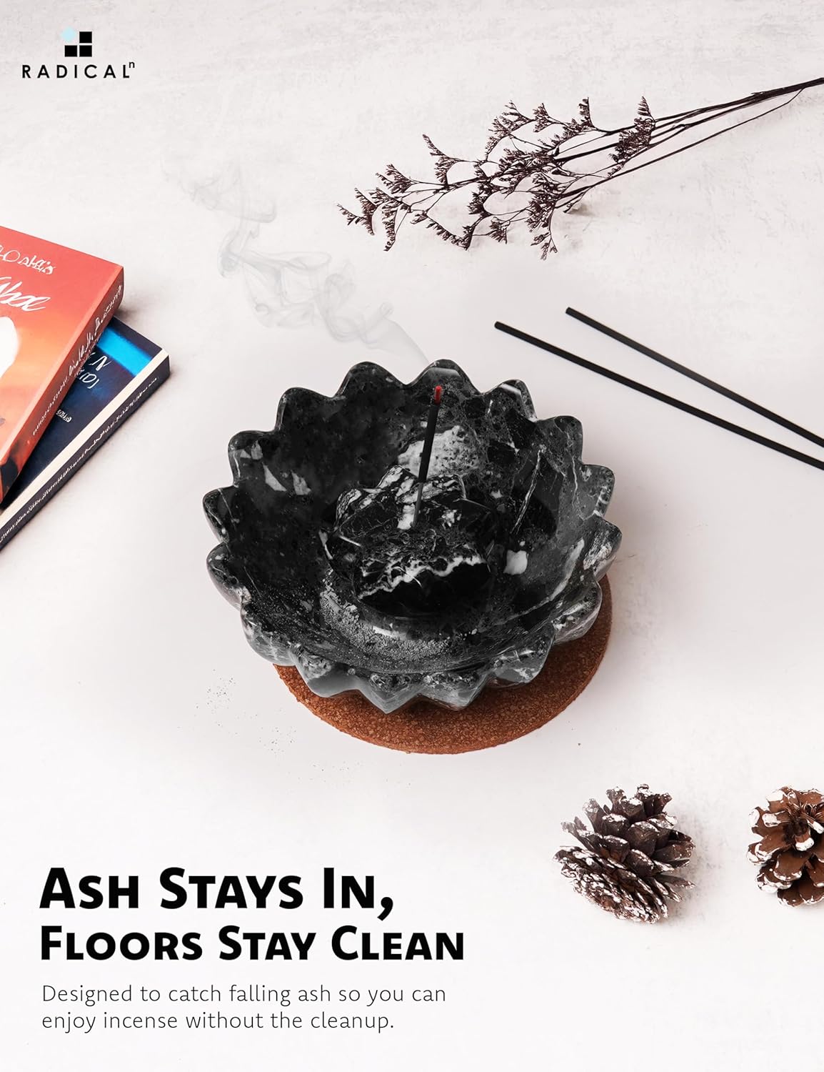 Radicaln Marble Incense Holder 5.5 inches Black Handmade Incense Stick Holder for Living Room Décor, Ideal Incense Holder Marble Ashtray and Palo Santo Holder for Home Décor
