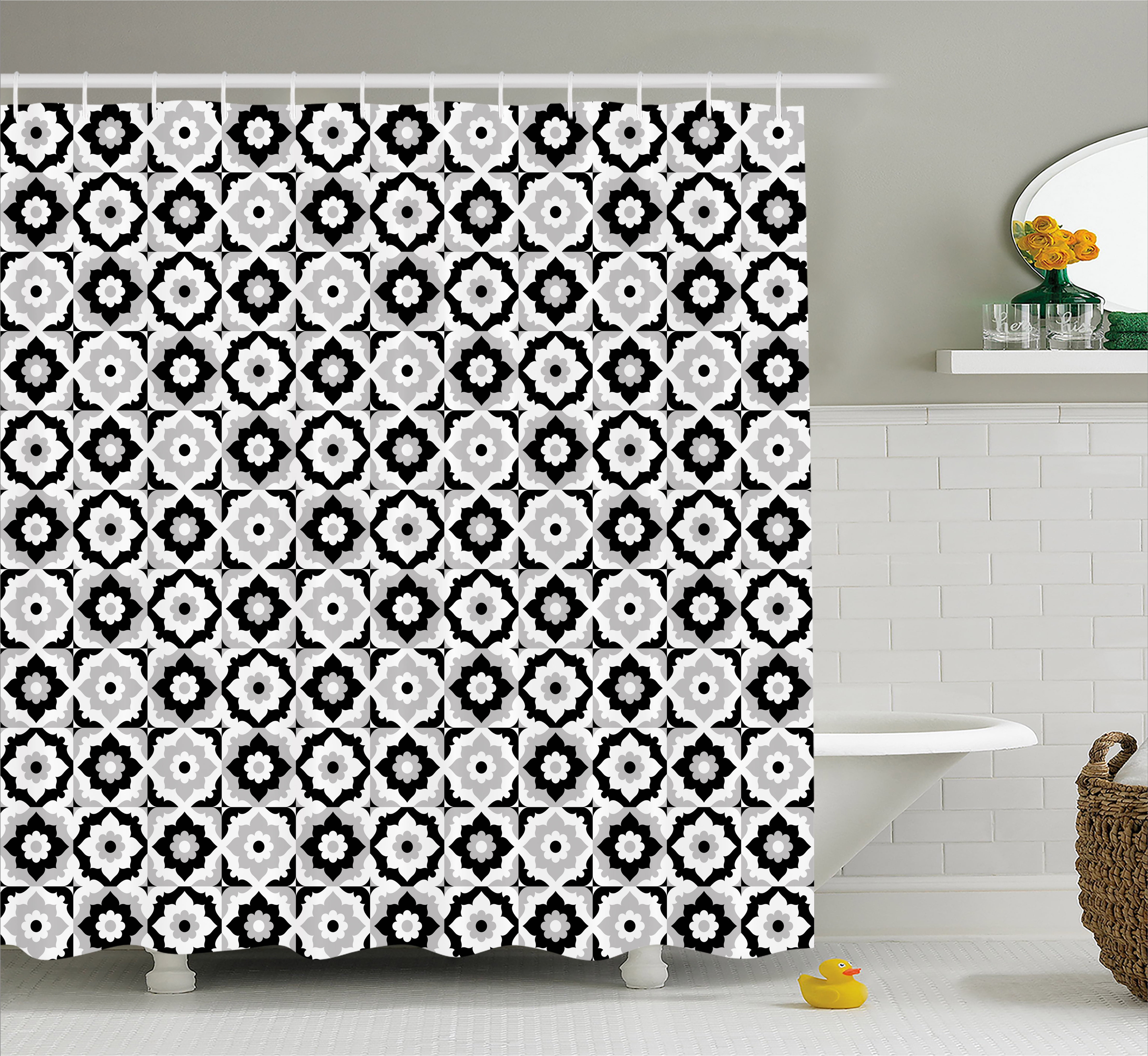 Quatrefoil Shower Curtain, Black and White Ceramic Tile Design with