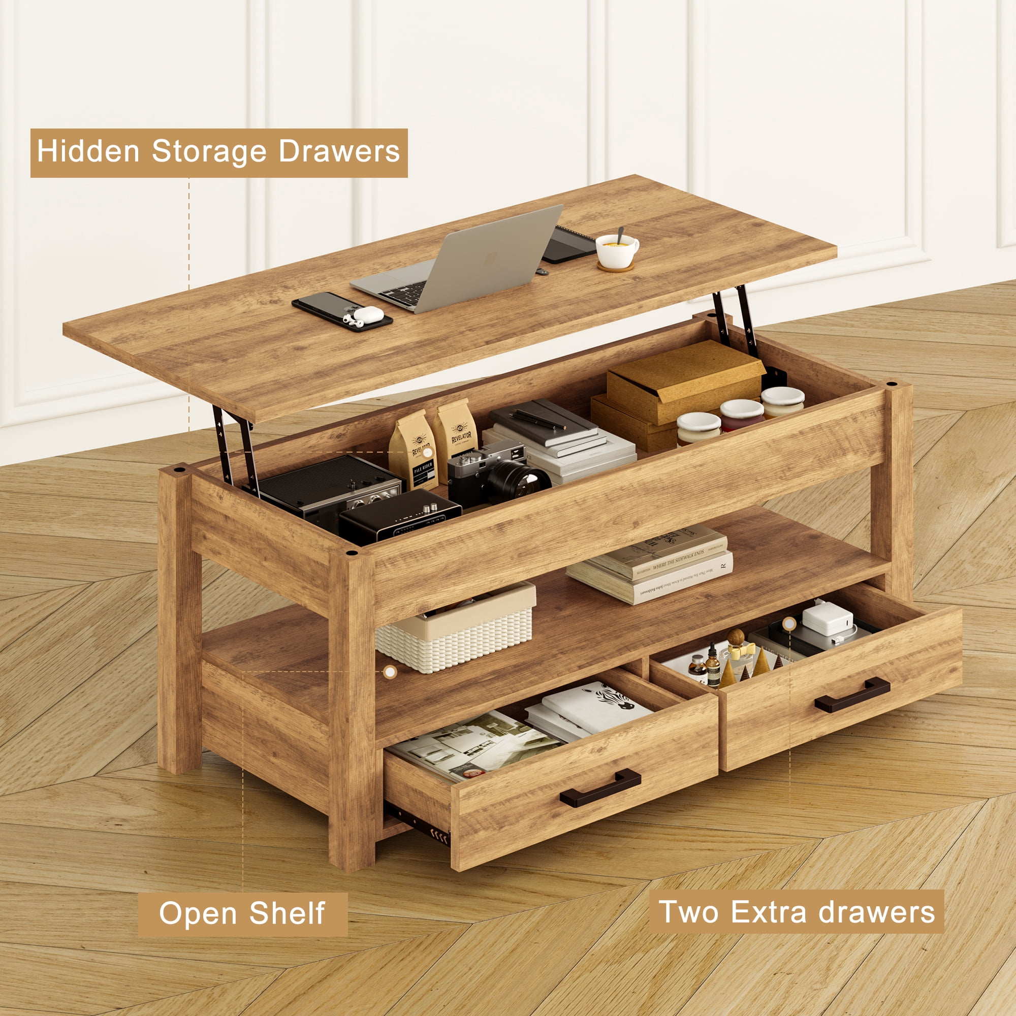 GUNAITO Lift Top Coffee Table with 2 drawers, Light Brown Wooden Convertible Coffee Table with Storage for Living Room, center Table, 42"