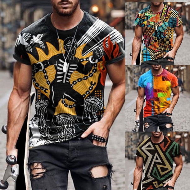 Farfi Camiseta de verano Impresión 3D Hombres transpirables Cuello redondo Top de manga corta para citas multicolor Farfi Camiseta de manga corta