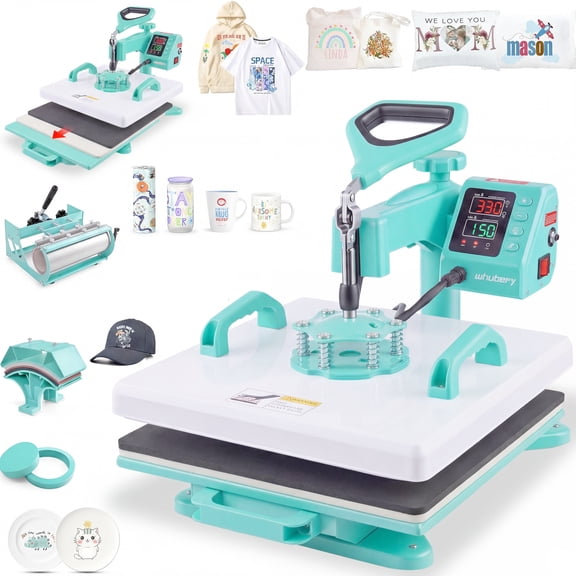 Adnoom Heat Press 15x15, 5 in 1 Multifunctional Shirt Press Machine Combo, 360° Swing Away Sublimation Heat Transfer with LED Display for T-shirts Mugs Hat Plate Cap, Green