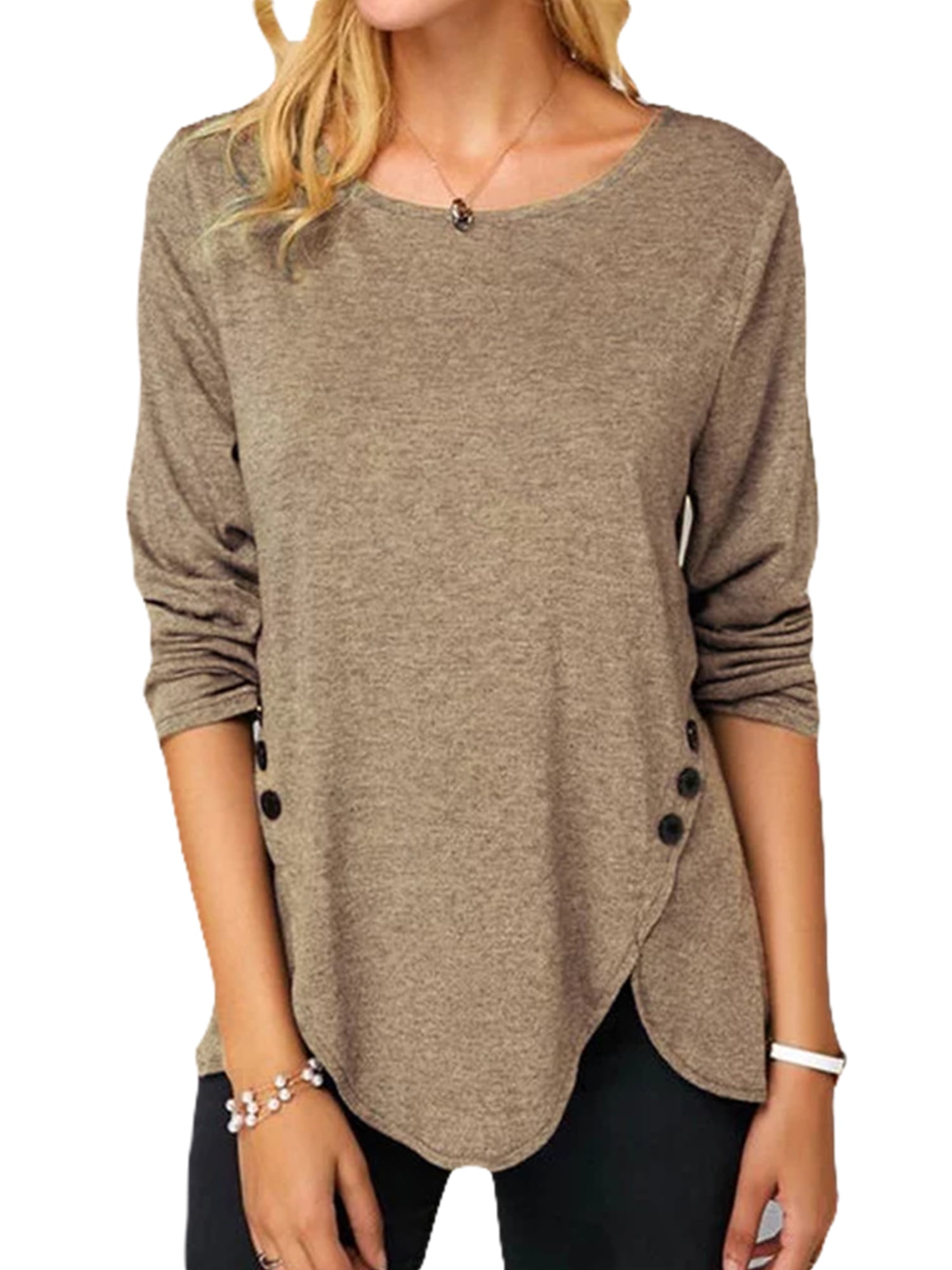 Eoeth Blouse Tops for Women Autumn Solid Color O Neck Long Sleeve Fold Split Shirts Casual Loose Irregular Hem T-Shirts 