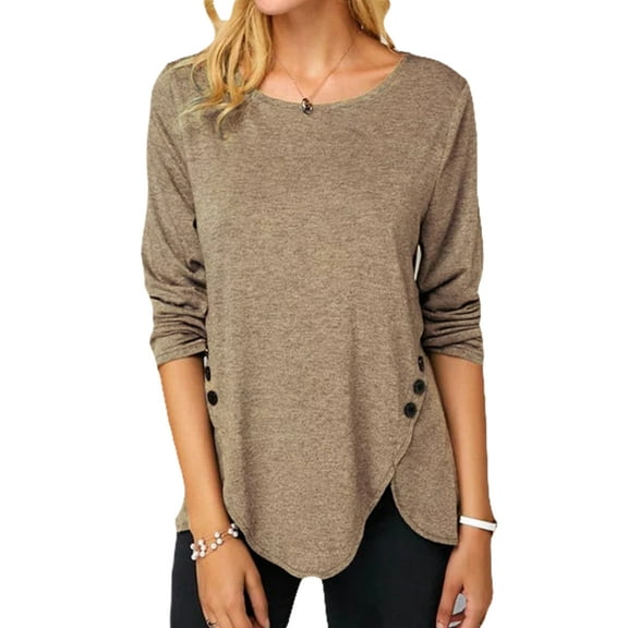 Womens Irregular Hem Buttons Long Sleeve Casual Round Neck Loose Tunic Top T-Shirt Spring Summer Autumn Winter T Shirt