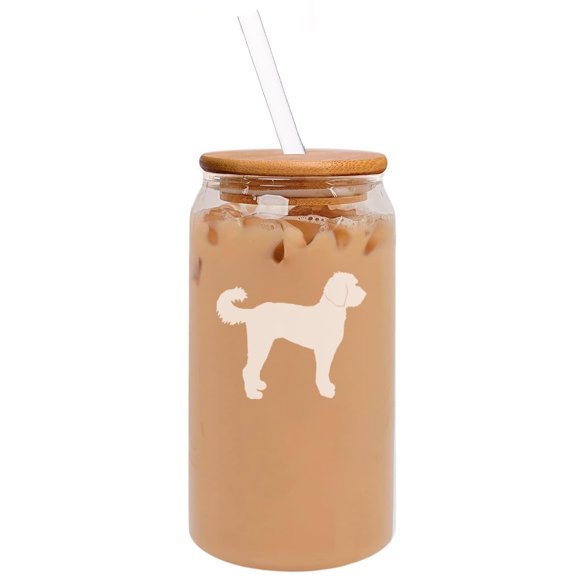 16oz Can Shaped Glass Iced Coffee Cup with Bamboo Lid and Straw Gift Labradoodle