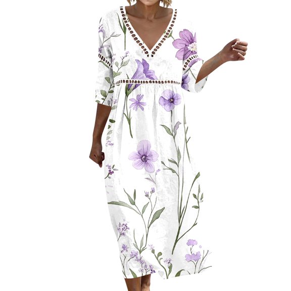 Ygbgbb Women V‑Neck Floral Print Maxi Dress, Three‑Quarter Sleeve Hollow Lace Trim Empire‑Waist Dress for Vacation and Casual Holiday Purple XXL