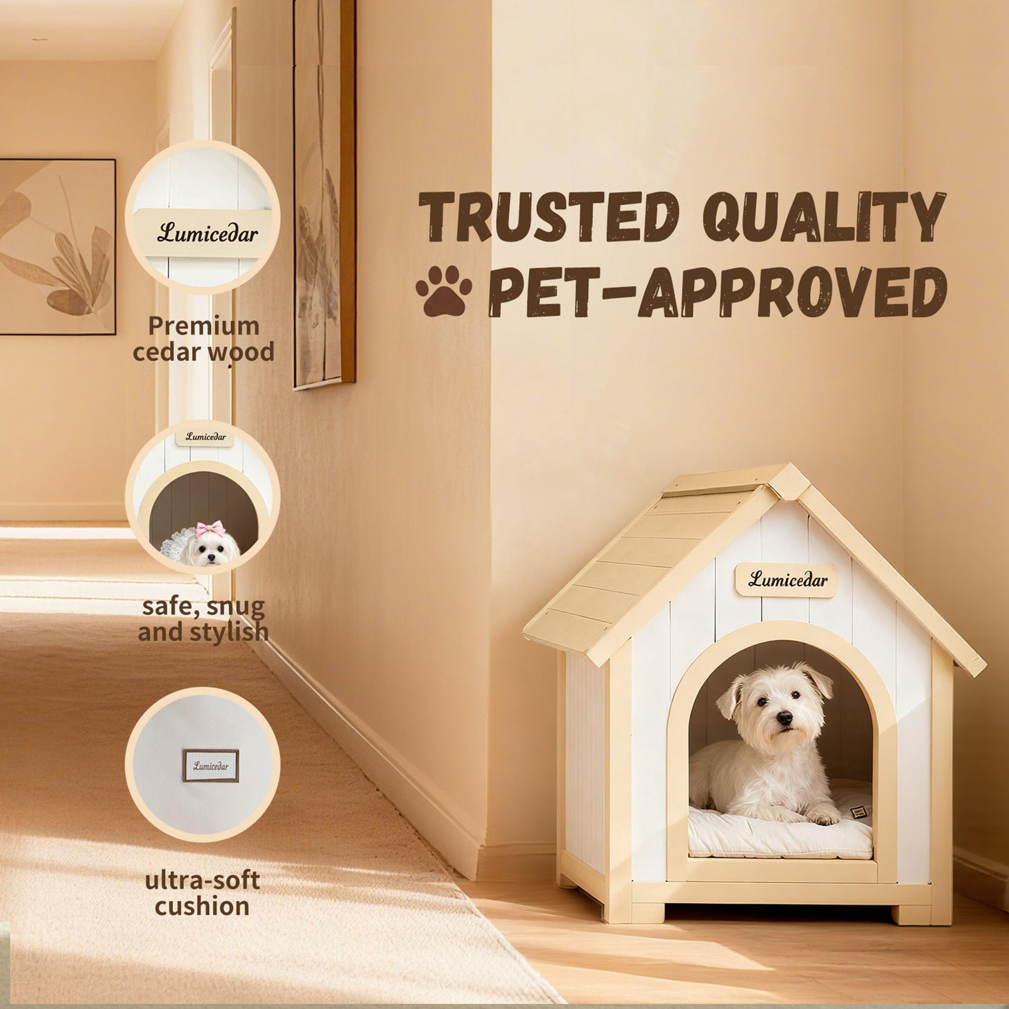 S-HOME FSC Solid Cedar Pet House - Cream Yellow Cabin Style Shelter for Small Dogs and Cats, Comfortable Haven
