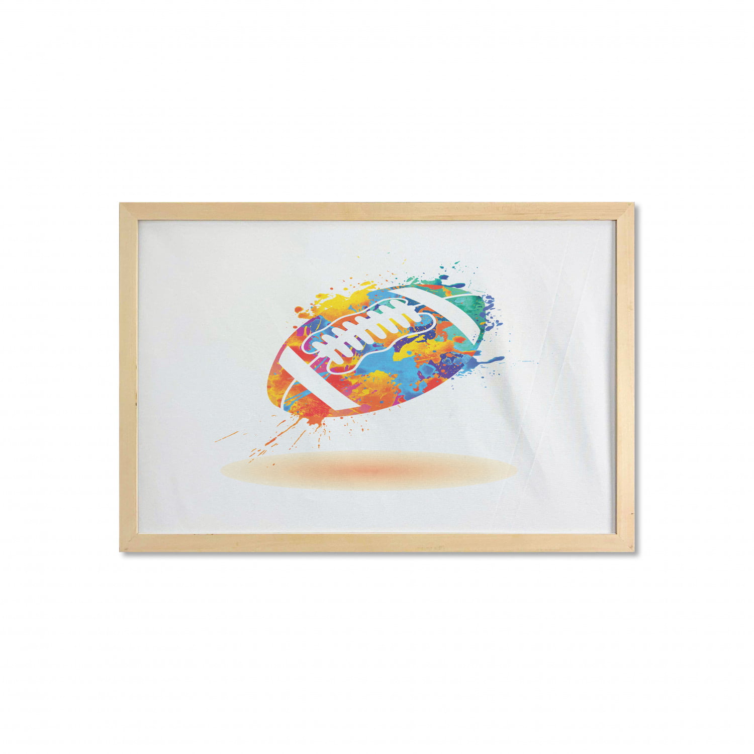 Sports Wall Art with Frame, Rugby Ball with Rainbow Brush Effects Filled Covered with Colors Sports Sign Leisure, Printed Fabric Poster for Bathroom Living Room, 35/