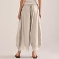 thumbnail image 4 of Women Lace Trim Wide Leg Pants Summer Casual Cropped Drawstring Elastic Waist Lightweight Trousers with Pockets, XL, 4 of 6