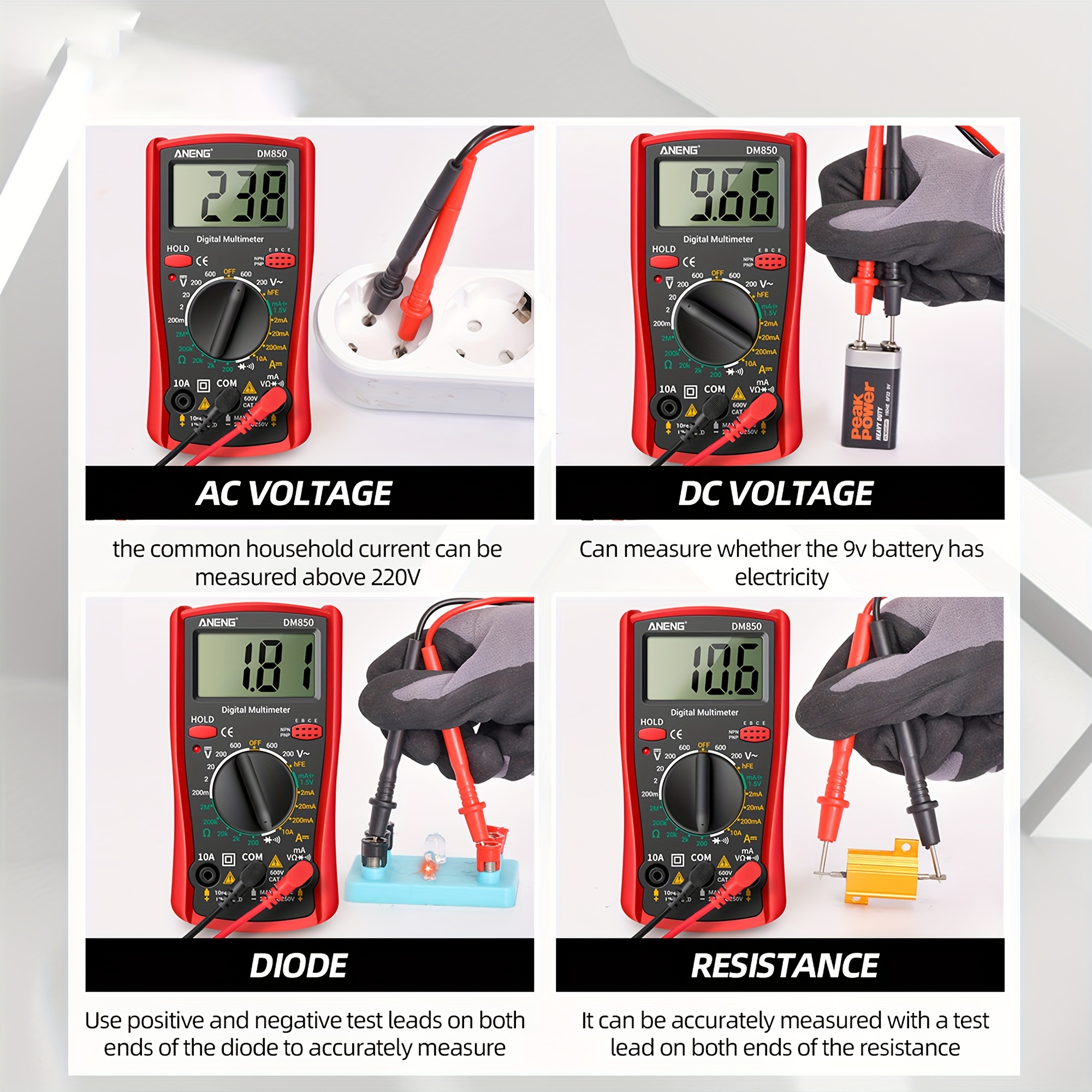 TKDMR Digital Multimeter Tester 1999 Counts with DC AC Voltmeter and Ohm Volt Amp Meter; Measures Voltage, Current, Resistance, Continuity and Diode, black、red