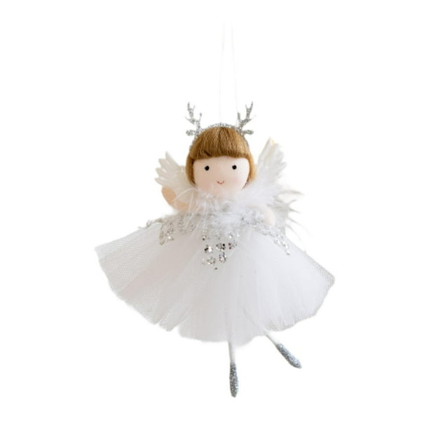 Colgantes de muñeca de ángel de Navidad, miniaturas colgantes para árbol de Navidad, decoración de malla Blanco