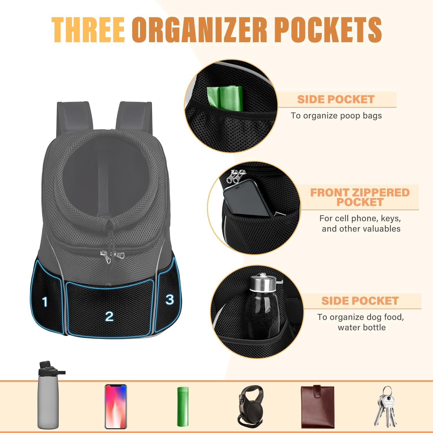9-14lbs Dog Front Carrier Backpack, Adjustable Breathable Pet Carrier for Small Dogs, Ventilated Puppy Back Pack with Safety Belt, Lightweight Doggy Backpack for Hiking Outdoor(Jet Black, L)