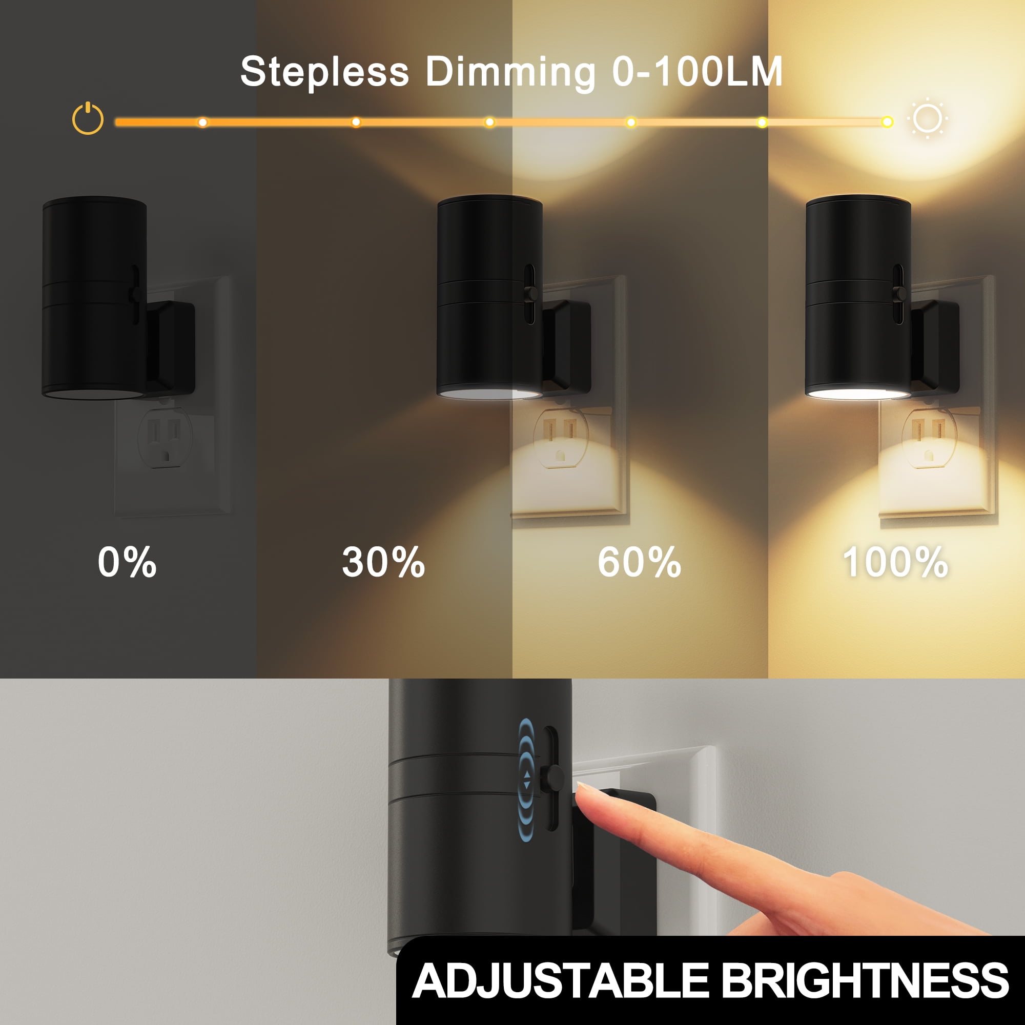 YANSUN 2-Pack Plug-in LED Night Light, Dimmable 3000K Warm White Cylinder Wall Sconce with Slide Switch, Space-Saving Design for Bedroom, Hallway