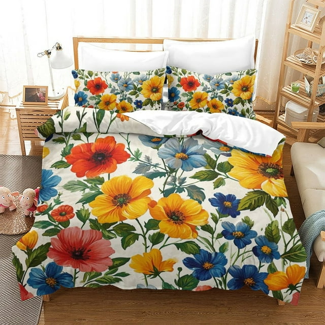 Floral Bedding Cover Set Teen Adult Colorful Quilt Cover Pillowcase Home Bedclothes,King (90"x104")