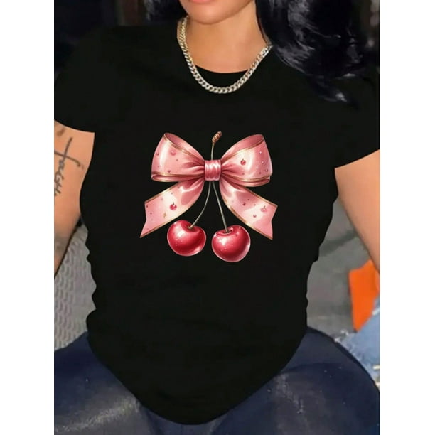 Women's Valentine's Day Cherry Bow Graphic Print T-Shirt Casual Cotton Shirt Soft Breathable Crew Neck For Everyday Wear