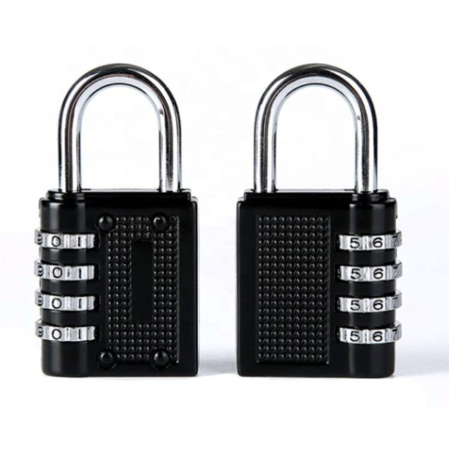 2pcs candados de combinación 4 dígitos mini locker candado por contraseña resistentes la intemperie al aire libre par de candados compactos, vista frontal centrada: cuerpos negros texturizados con arcos en U plateados y cuatro ruedas numéricas metálicas visibles; diseño sin llave para casilleros, estuches y cajas de herramientas, a menudo usados para asegurar pertenencias pequeñas.