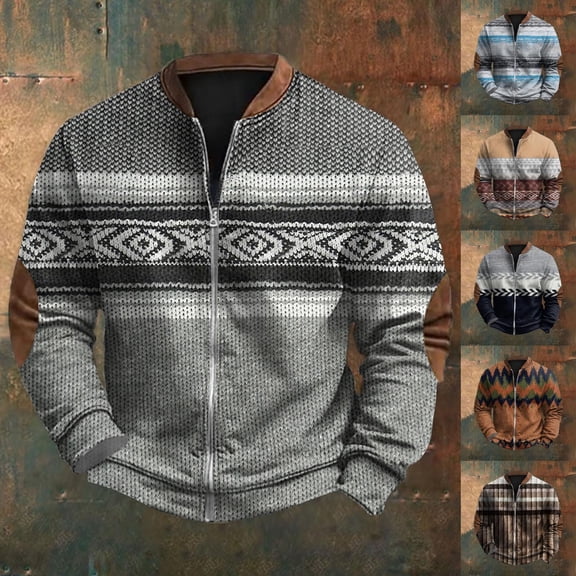 Men's Retro Knit Print Zip Up Sweatshirt, Casual Long Sleeve Cardigan Style Fleece Jacket, Vintage Streetwear for Christmas, Fall Winter, Cozy Layering Top,Black,L