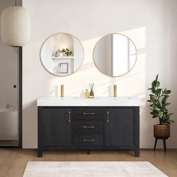 Leon 60" Double Bathroom Vanity in Fir Wood Black w/Lightning White top&Mirror
