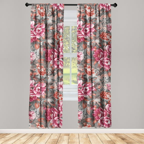Floral Window Curtains, Continuous Flowers with Monochrome Leaves Watercolor Illustration Art, Lightweight Decor 2-Panel Set with Rod Pocket, Pair of - 28"x63", Raspberry and Dark Green, by Ambesonne