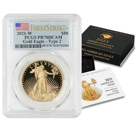2021-W $50 Gold Eagle Type 2 Proof Coin PCGS PR70DCAM First Strike Flag Label U.S. Mint Box and CoA