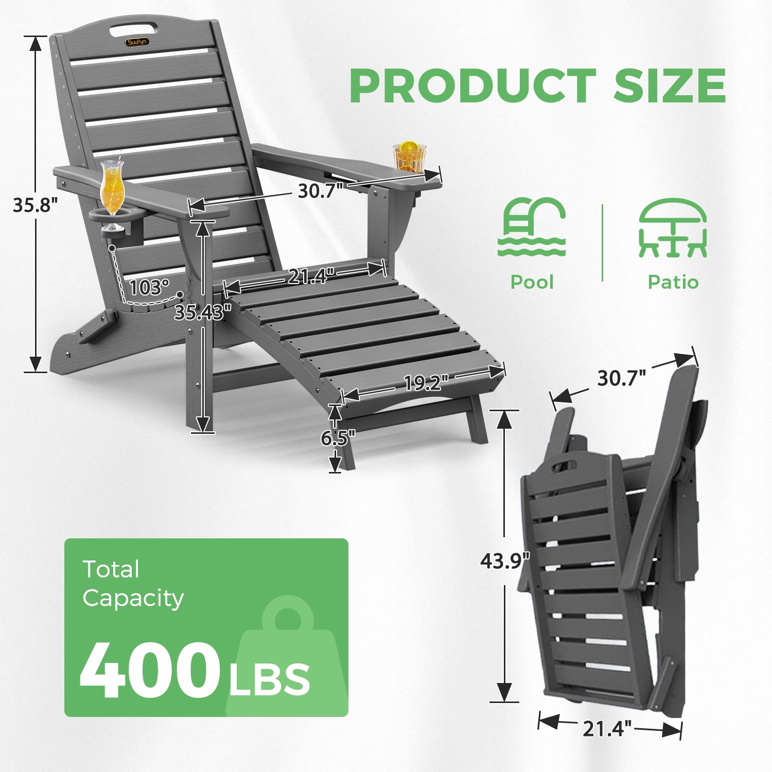 Folding Adirondack Chair with Ottoman Set of 2 HDPE Outdoor Chair Pull Out Footrest with 2 Cup Holders Garden Lawn Grey