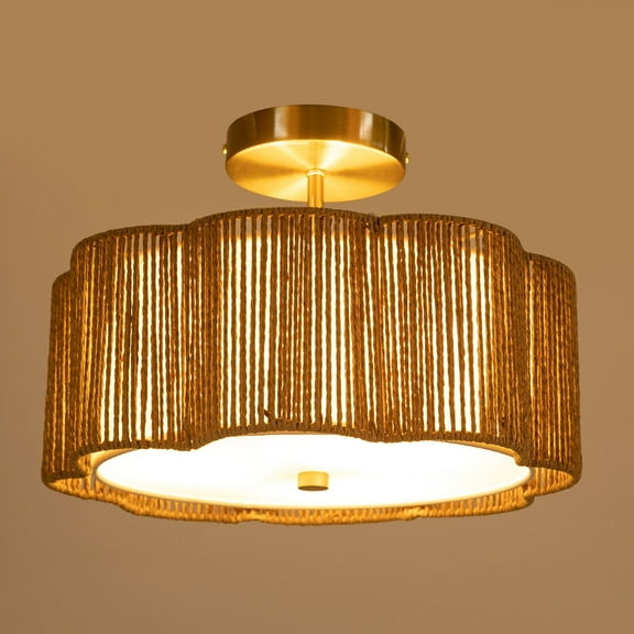 Rustic Ceiling Mount Rattan Light Flush Mount Chandelier Ceiling Light Lamp Fixture for Hallways, Living Rooms, Cafes
