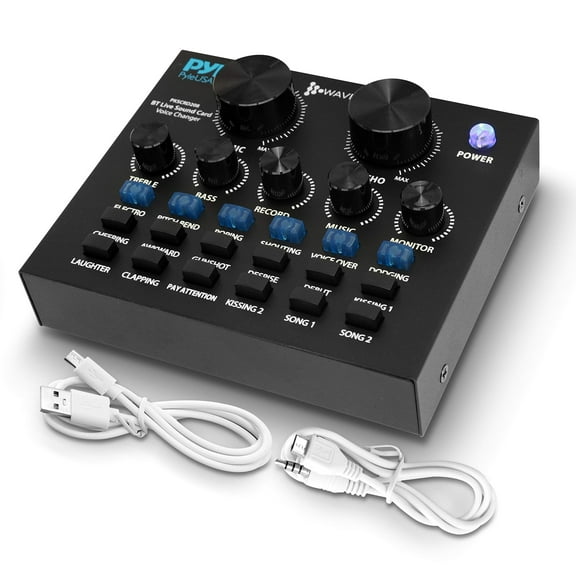 Pyle Bluetooth Mini Audio Podcast Mixer - Live Streaming For PC Computer iPhone Broadcasting Voice Changer V8 Sound Card with 12 Sound Effects,3 Inputs, Mic Input - PKSCRD208.5