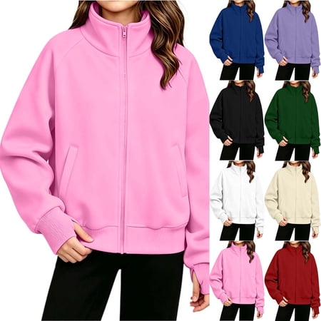 LUGOGNE Boys Girls Zip Up Jacket Kids Mock Neck Long Sleeve Athletic Sweatshirt with Thumb Hole and Pockets Pink 160