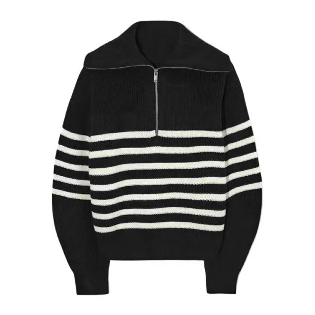 Nouveau Style à Revers Automne et Hiver, Chandail Décontracté à Rayures Colorées avec Demi-Fermeture Éclair pour Femmes