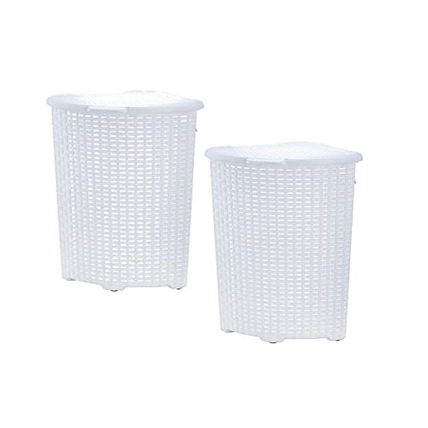 Superio 50L Wicker Plastic Corner Laundry Hamper with Lid White (2 Pack)