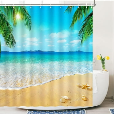 Beach Shower Curtain, Shower Curtains Coastal Ocean, Summer Palm Trees Starfish Seashell Shower Curtains for Bathroom Decor, Waterproof Fabric Shower Curtain with 12 Hooks, 72" x 72"