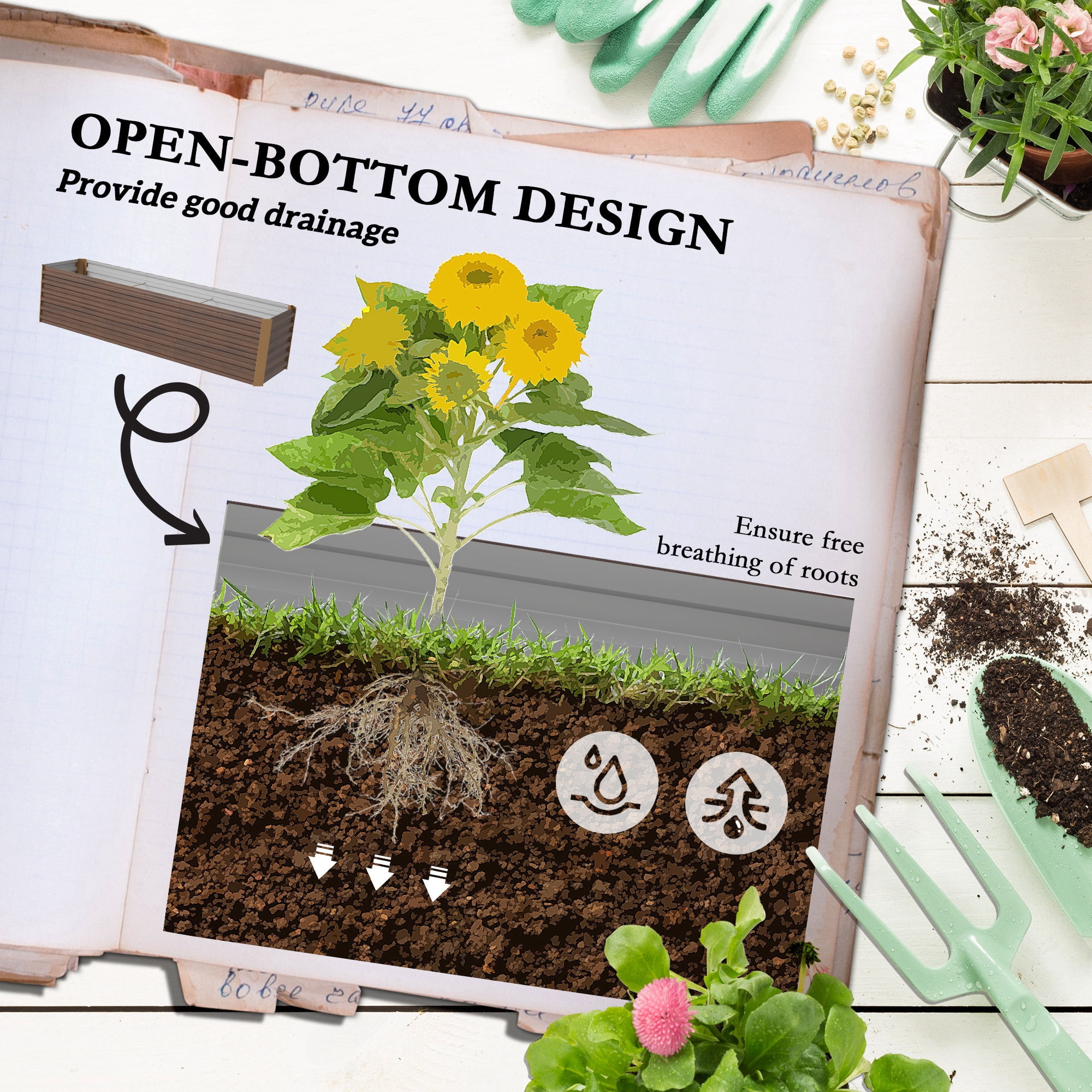 Outsunny 8x2x2ft Galvanized Raised Garden Bed Kit, Large Outdoor Metal Elevated Planter Box with Safety Edging for Flowers, Vegetables, Dark Brown