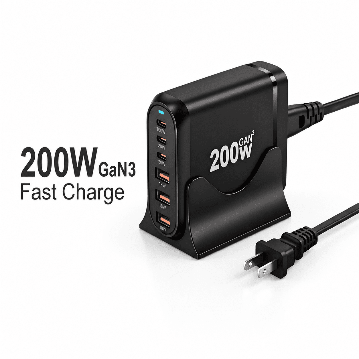Avoben 200W USB C Charger, GaN Ⅲ PD 100W 6-Port Charging Station for Multiple Devices, Portable Laptop Fast Charging, Adapter for iPad iPhone 17 16 15 14 13 12, MacBook Pro Galaxy, 5ft Cord