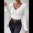 thumbnail image 4 of Suéter Corto de Larga con Cuello en V para Mujer, Informal, Liso, Ajustado, Cálido, de Punto S, 4 of 9