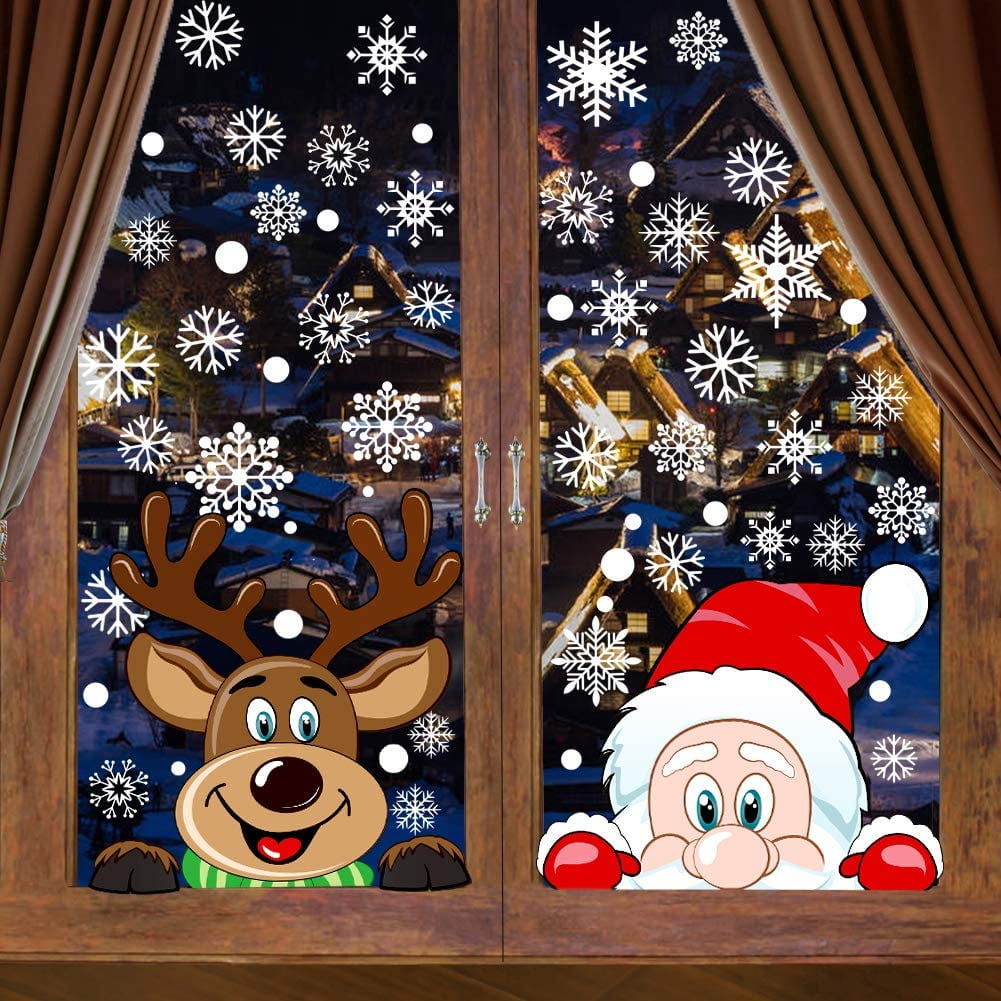 Reusable Xmas Reindeer Sleigh Santa Snowman Wall Cling Removable DIY Static PVC Snowflake Decal Window Decoration for Christmas Window Display AivaToba Christmas Window Sticker
