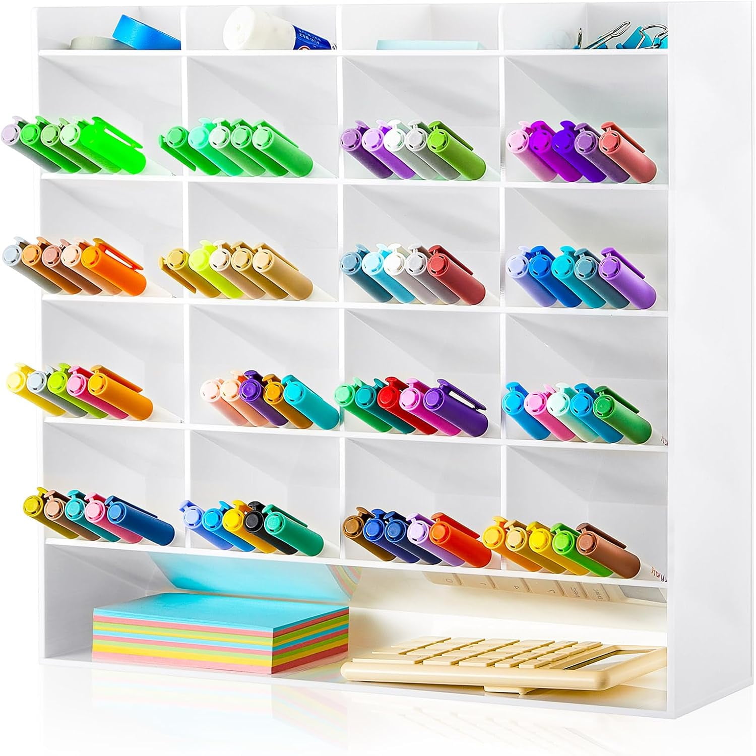 White Vertical Acrylic Pen Organizer, Large Capacity Desktop Marker Holder, Holds 250 Pencils Markers Stationery Storage, 13 x 4 x 12.4 Inch Desk Display Rack for Office Home