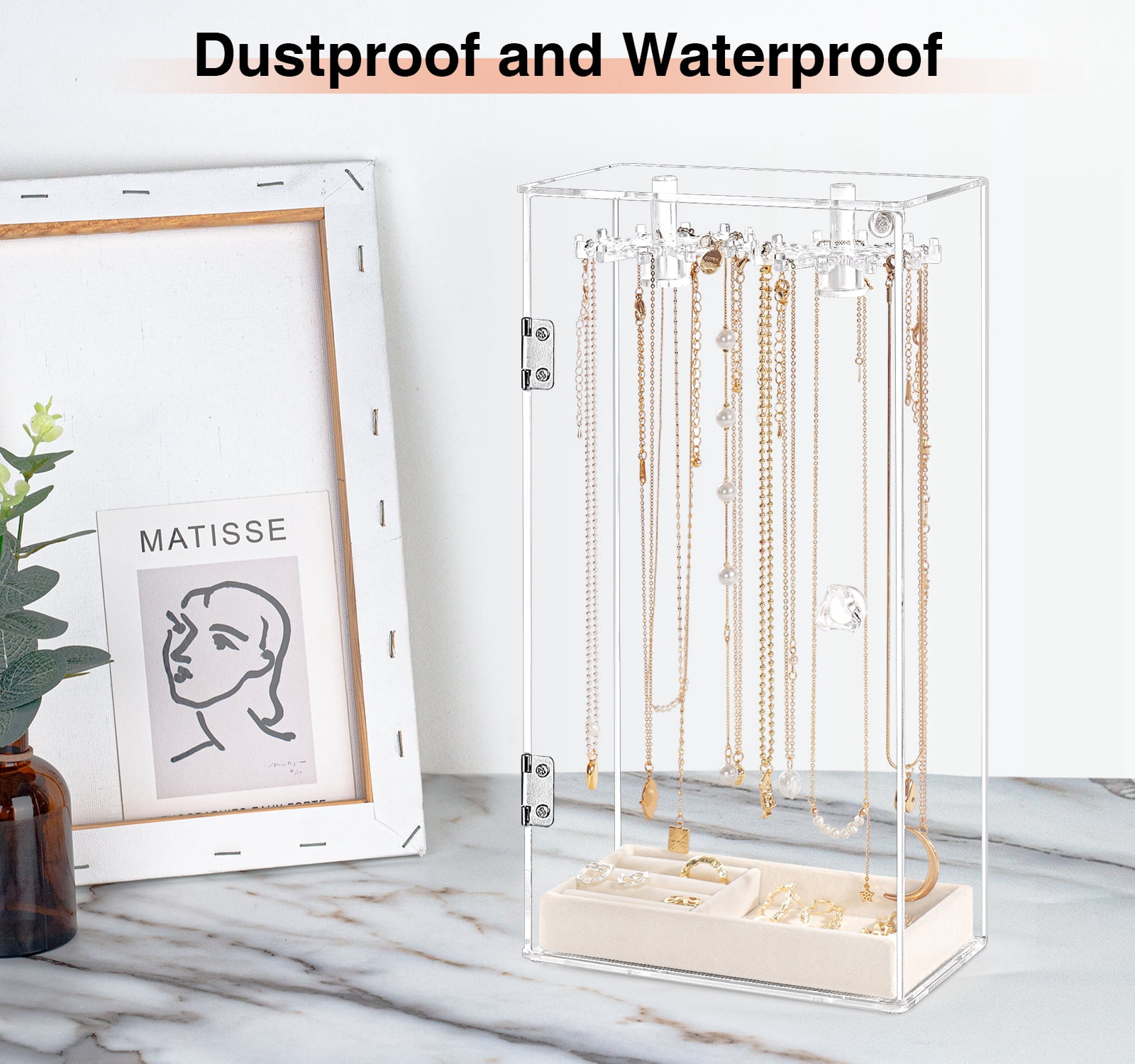 Haturi Necklace Holder, Acrylic Jewelry Organizer with 24 Hooks, Rotation Clear Necklaces Pendant Display Case Stand, Dust-proof Velvet Tray Hanging Rack Storage for Earrings Rings