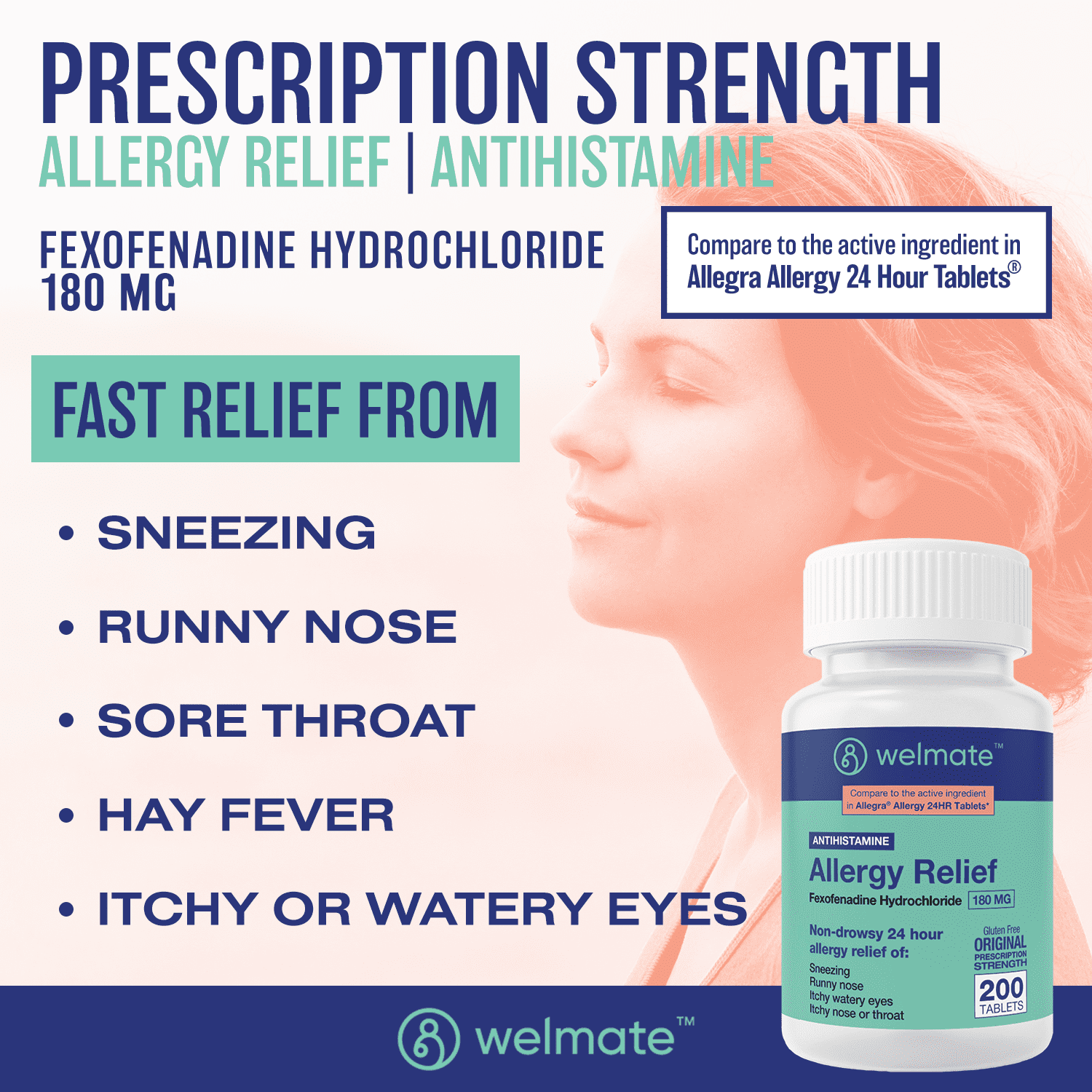 WELMATE Antihistamine Allergy Relief, Fexofenadine HCL 180mg 24HR Relief -200 Tablets